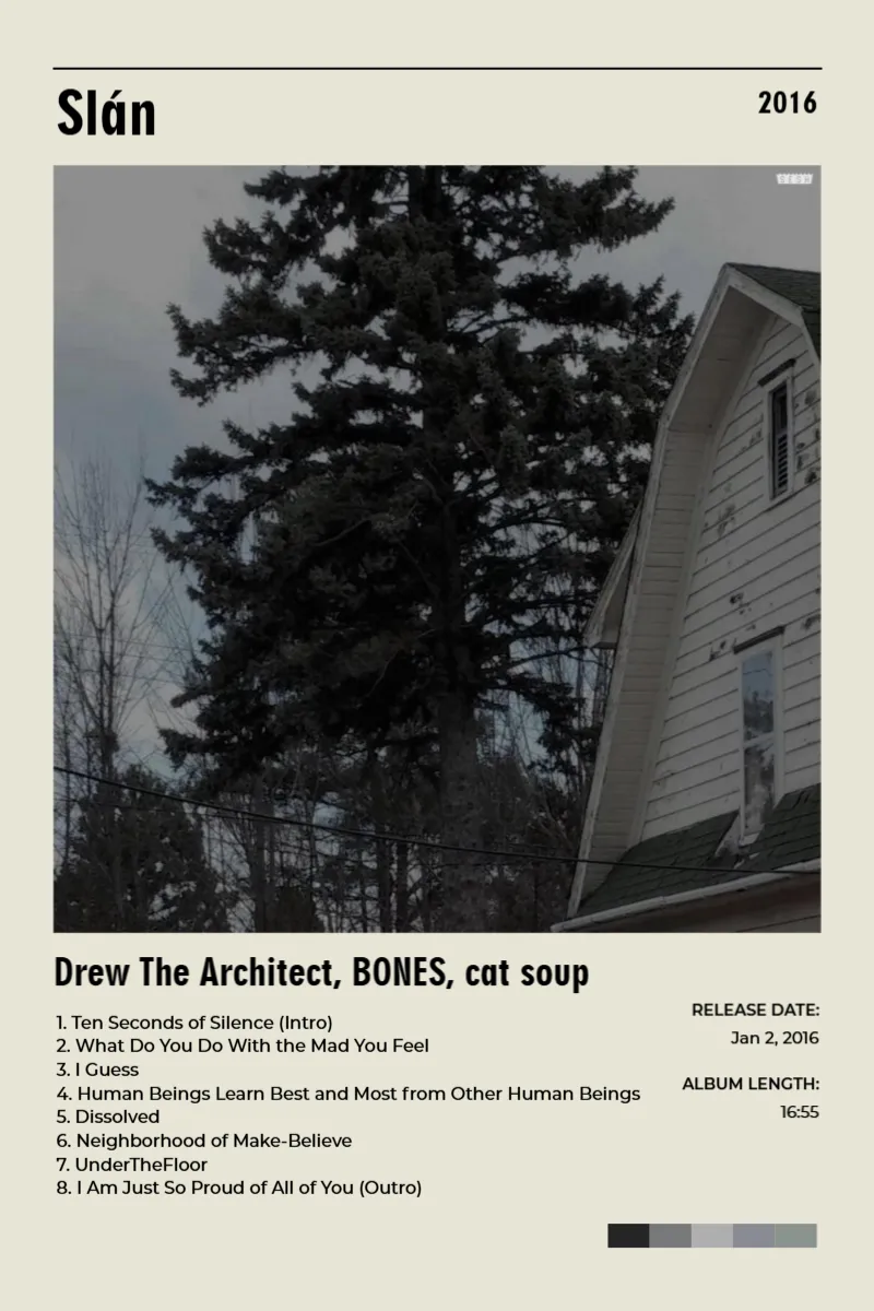 Album poster for Slán by Drew The Architect, BONES, cat soup