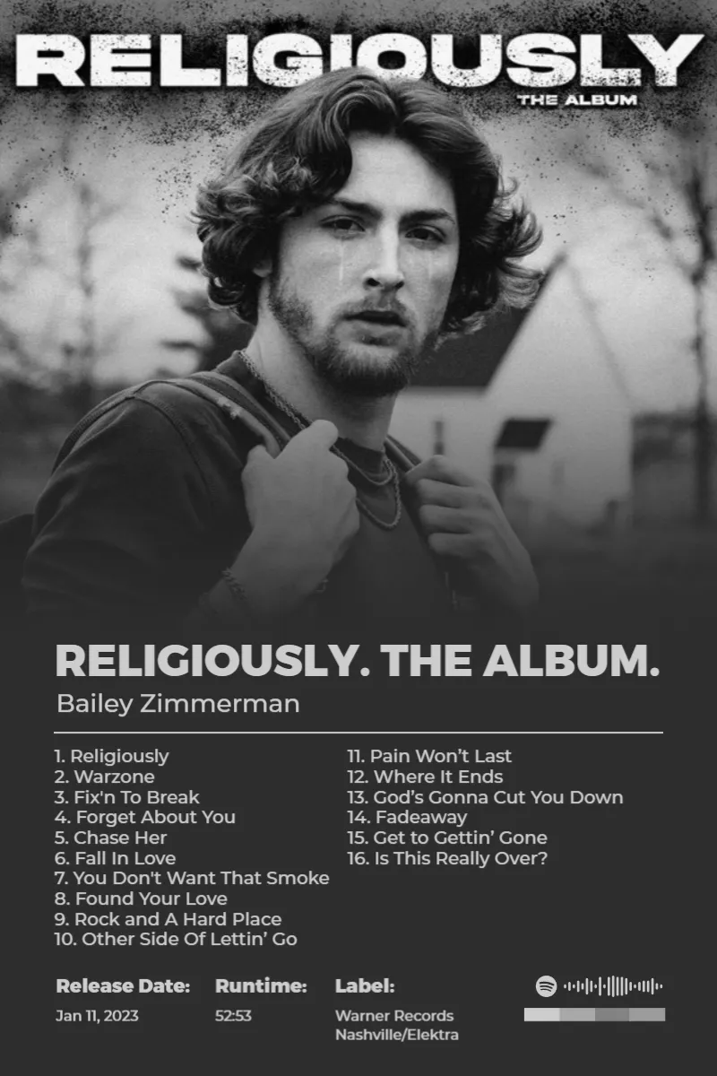 Religiously. The Album. · Religiously. The Album. · Bailey Zimmerman · 2:3 Album poster for Religiously. The Album. by Bailey Zimmerman