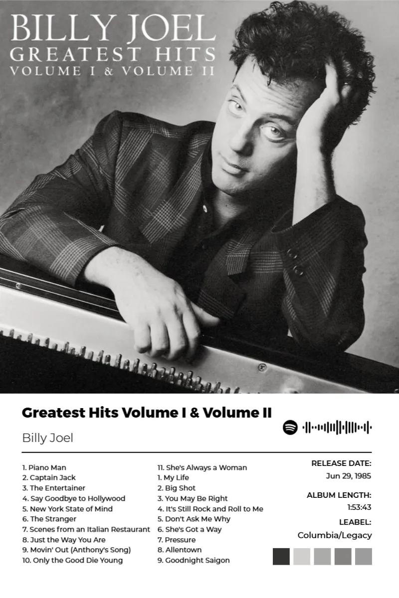 Greatest Hits Volume I & Volume II · Greatest Hits Volume I & Volume II · Billy Joel · 2:3 Album poster for Greatest Hits Volume I & Volume II by Billy Joel