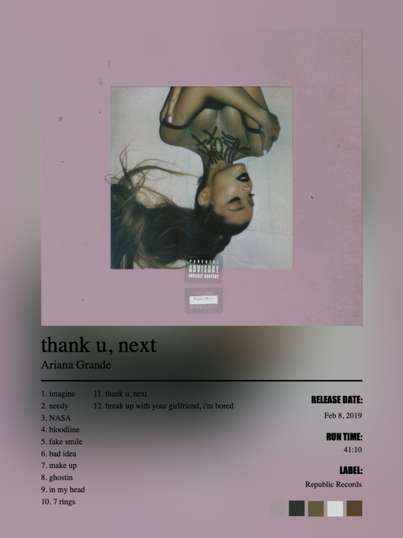 Album poster for thank u, next by Ariana Grande