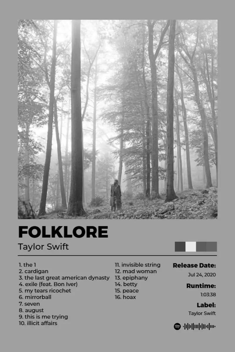 Album poster for folklore by Taylor Swift