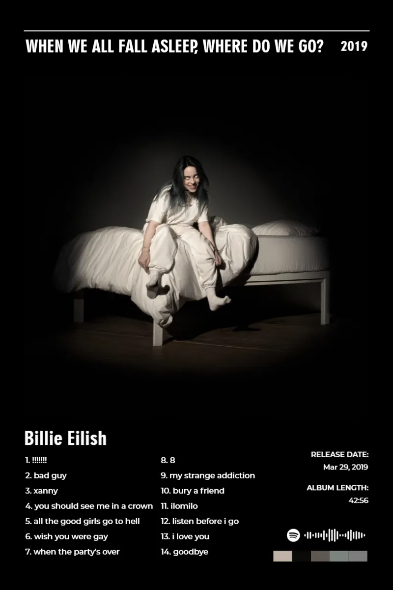 Album poster for WHEN WE ALL FALL ASLEEP, WHERE DO WE GO? by Billie Eilish