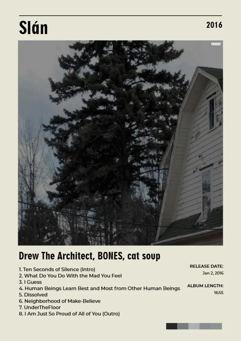 Album poster for Slán by Drew The Architect, BONES, cat soup