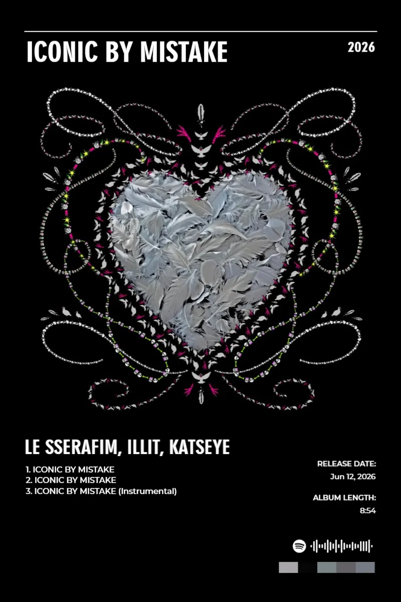 Album poster for ICONIC BY MISTAKE by LE SSERAFIM, ILLIT, KATSEYE