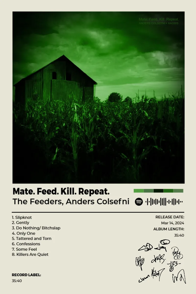 Mate. Feed. Kill. Repeat. · Mate. Feed. Kill. Repeat. · The Feeders, Anders Colsefni · 2:3 Album poster for Mate. Feed. Kill. Repeat. by The Feeders, Anders Colsefni