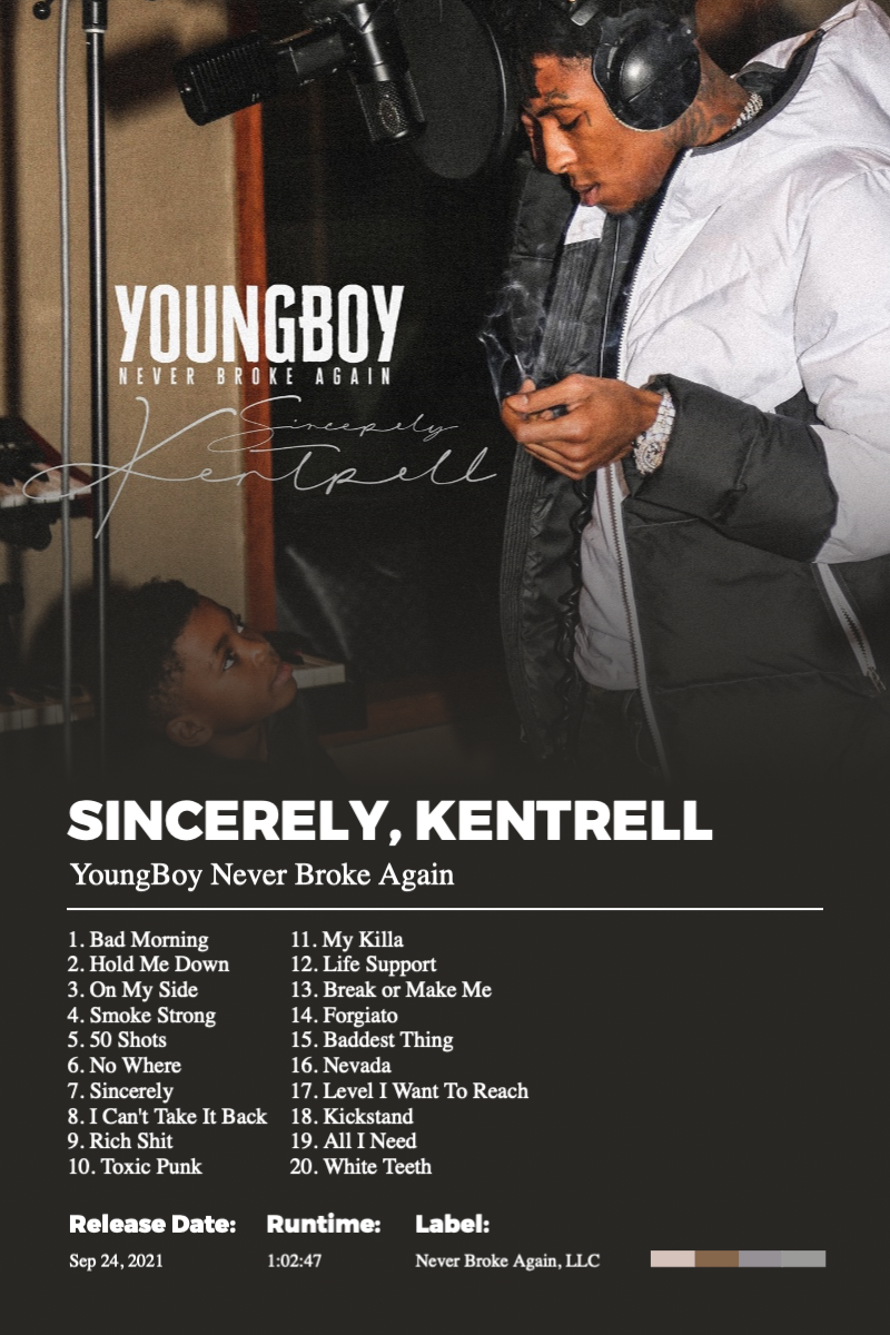 Album poster for Sincerely, Kentrell by YoungBoy Never Broke Again