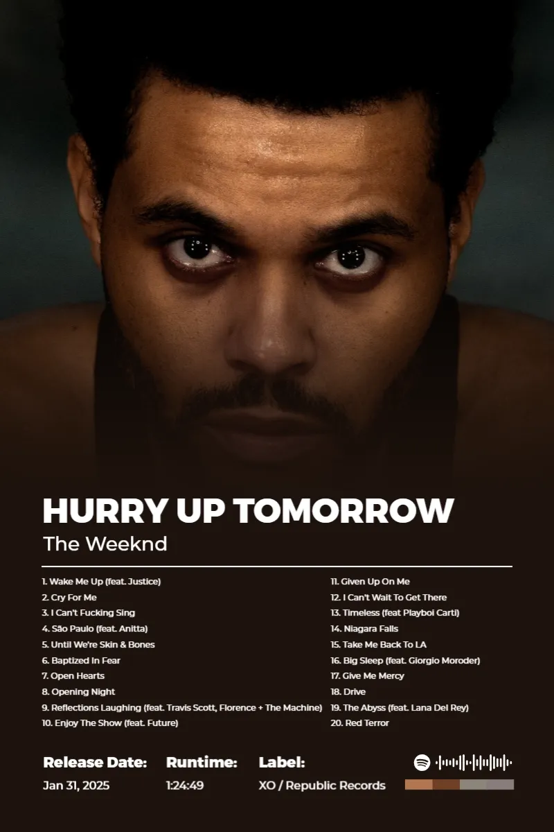 Album poster for Hurry Up Tomorrow by The Weeknd