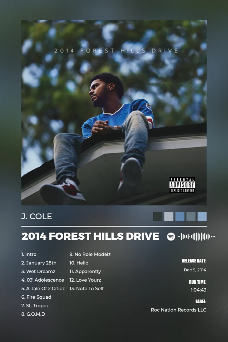Album poster for 2014 Forest Hills Drive by J. Cole