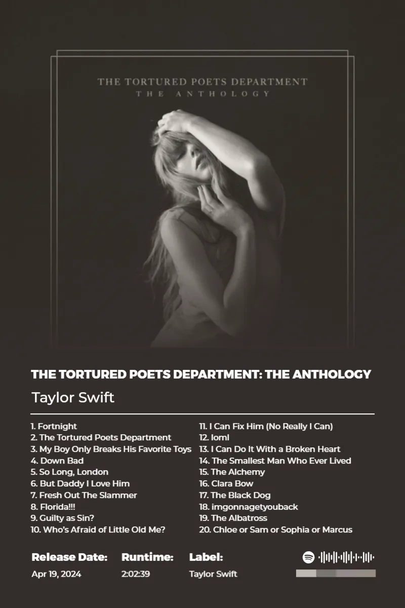 THE TORTURED POETS DEPARTMENT: THE ANTHOLOGY · THE TORTURED POETS DEPARTMENT: THE ANTHOLOGY · Taylor Swift · 2:3 Album poster for THE TORTURED POETS DEPARTMENT: THE ANTHOLOGY by Taylor Swift