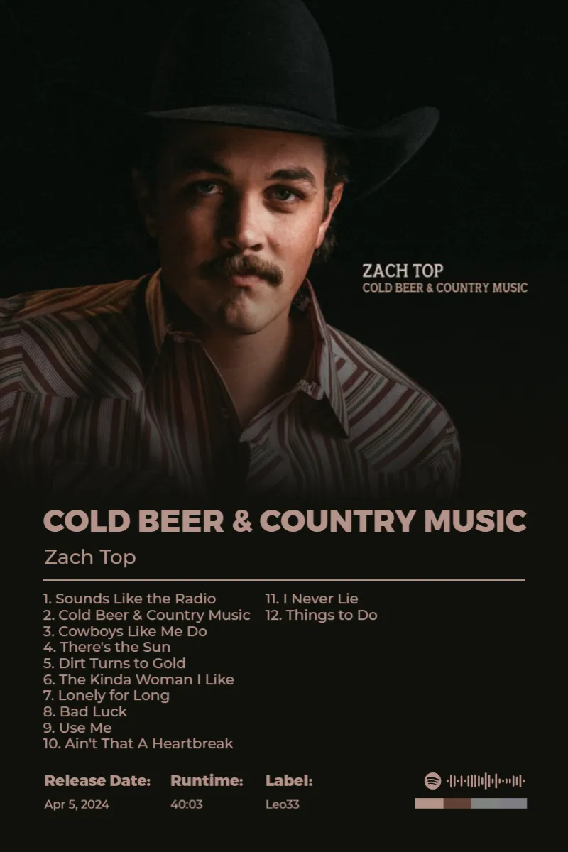 Cold Beer & Country Music · Cold Beer & Country Music · Zach Top · 2:3 Album poster for Cold Beer & Country Music by Zach Top