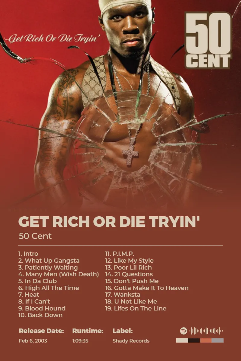 Get Rich Or Die Tryin' · Get Rich Or Die Tryin' · 50 Cent · 2:3 Album poster for Get Rich Or Die Tryin' by 50 Cent