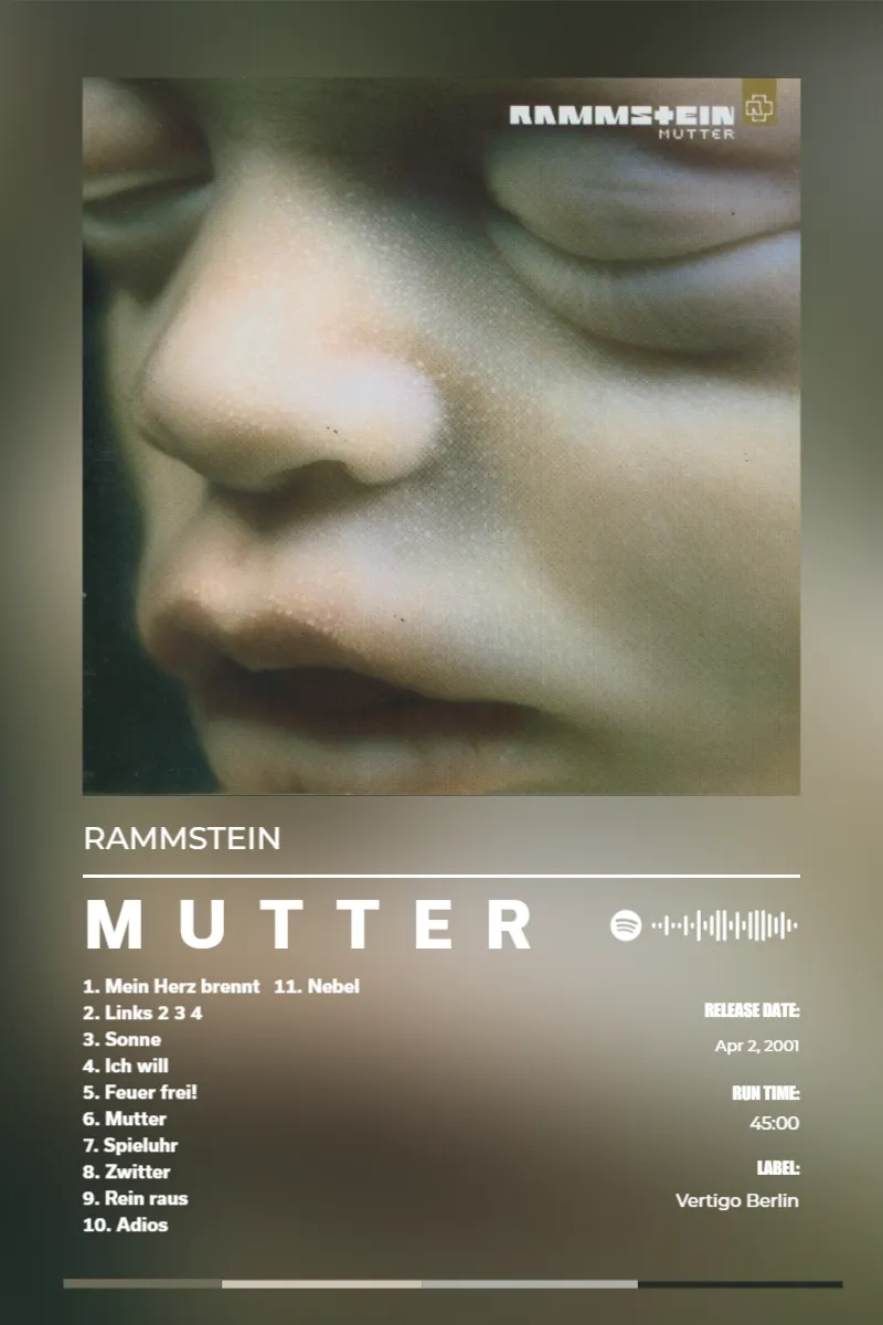 Album poster for Mutter by Rammstein