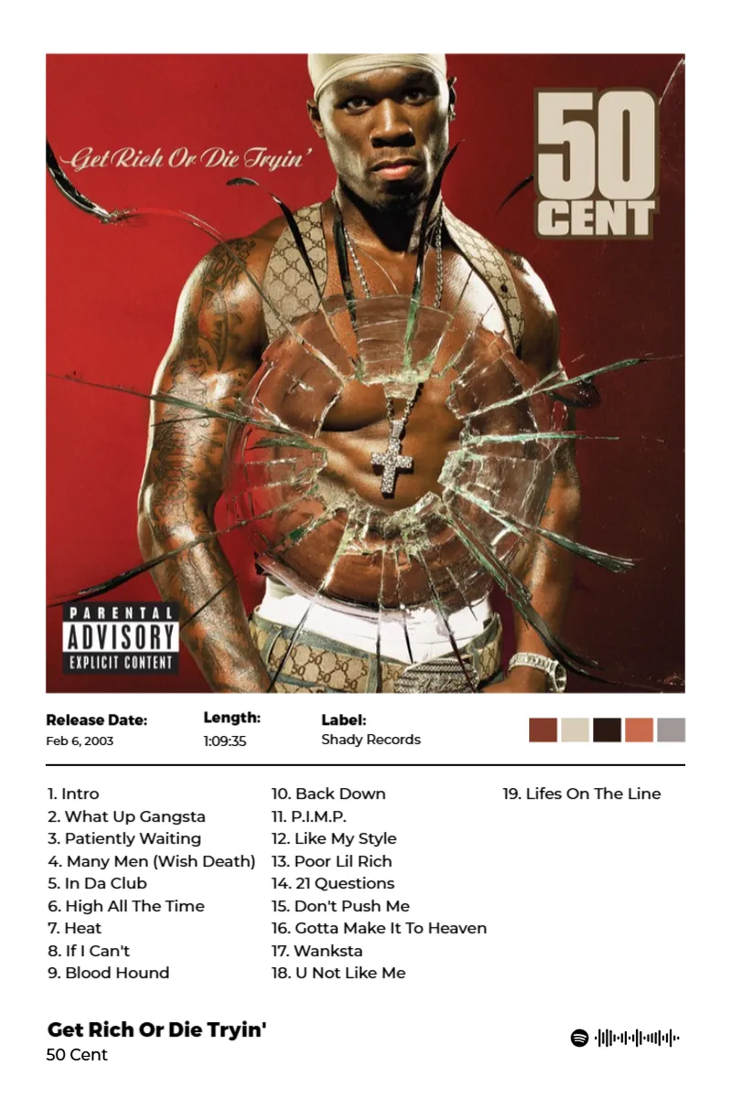 Get Rich Or Die Tryin' · Get Rich Or Die Tryin' · 50 Cent · 2:3 Album poster for Get Rich Or Die Tryin' by 50 Cent