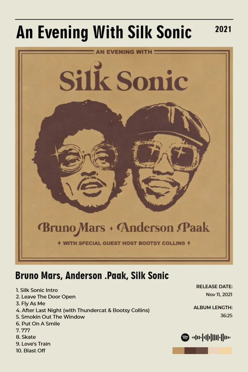 Album poster for An Evening With Silk Sonic by Bruno Mars, Anderson .Paak, Silk Sonic